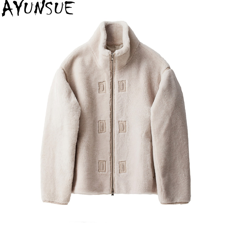 Men'S Fashion Zipper Jacket - Ayunsue Natuurlijke Merino Schapen Shearling Jas