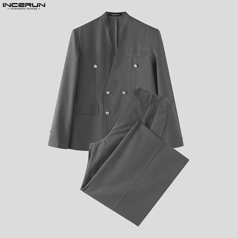 Men Fashion Elegant - INCERUN Herensets Effen Kleur V-hals Lange
